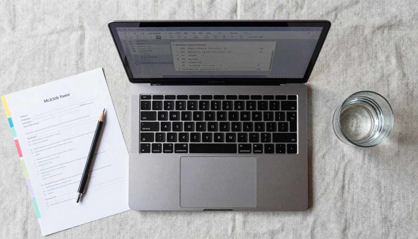 Overhead workspace flat-lay showing MacBook with PDF export dialog open