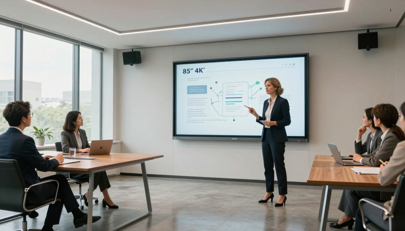 Businesswoman presenting digital flipbook to colleagues in glass-walled conference room
