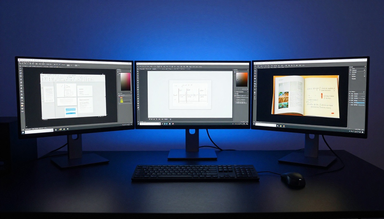 Triple monitor desk setup showing three stages of PowerPoint to flipbook workflow