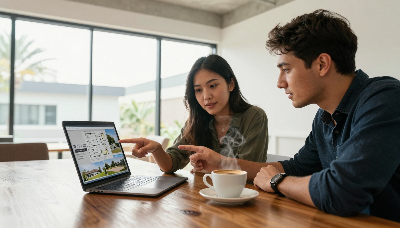 Couple reviewing interactive property listing on laptop in modern real estate office Couple reviewing interactive property listing on laptop in modern real estate office