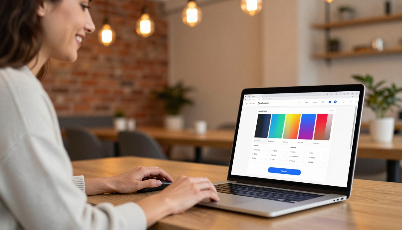 Woman customizing flipbook branding and color palette at a co-working space