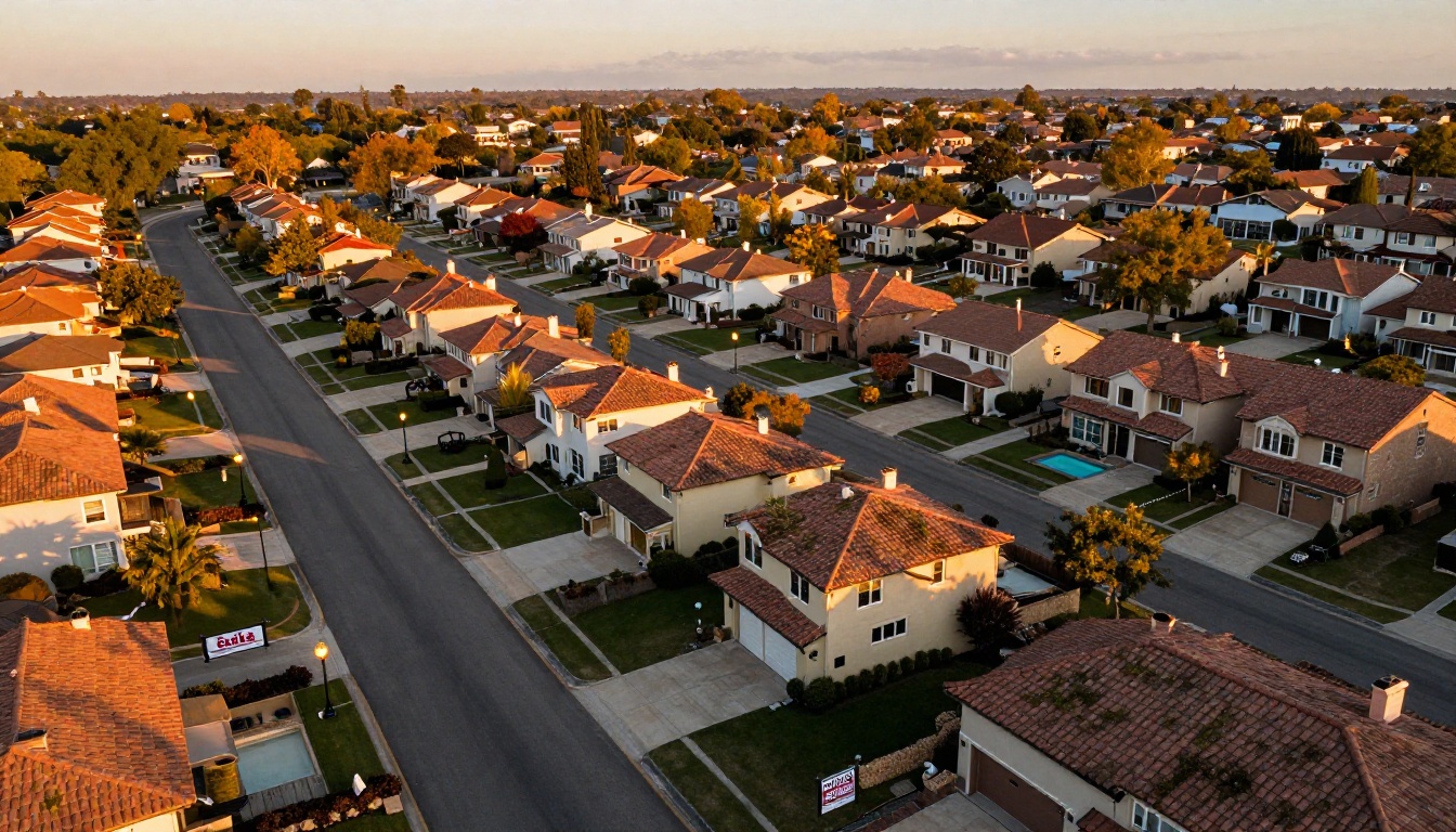 Aerial view of upscale residential neighborhood during golden hour Aerial view of upscale residential neighborhood during golden hour