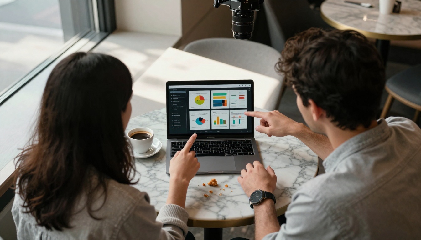 Two people at a cafe reviewing a digital flipbook presentation together on a laptop