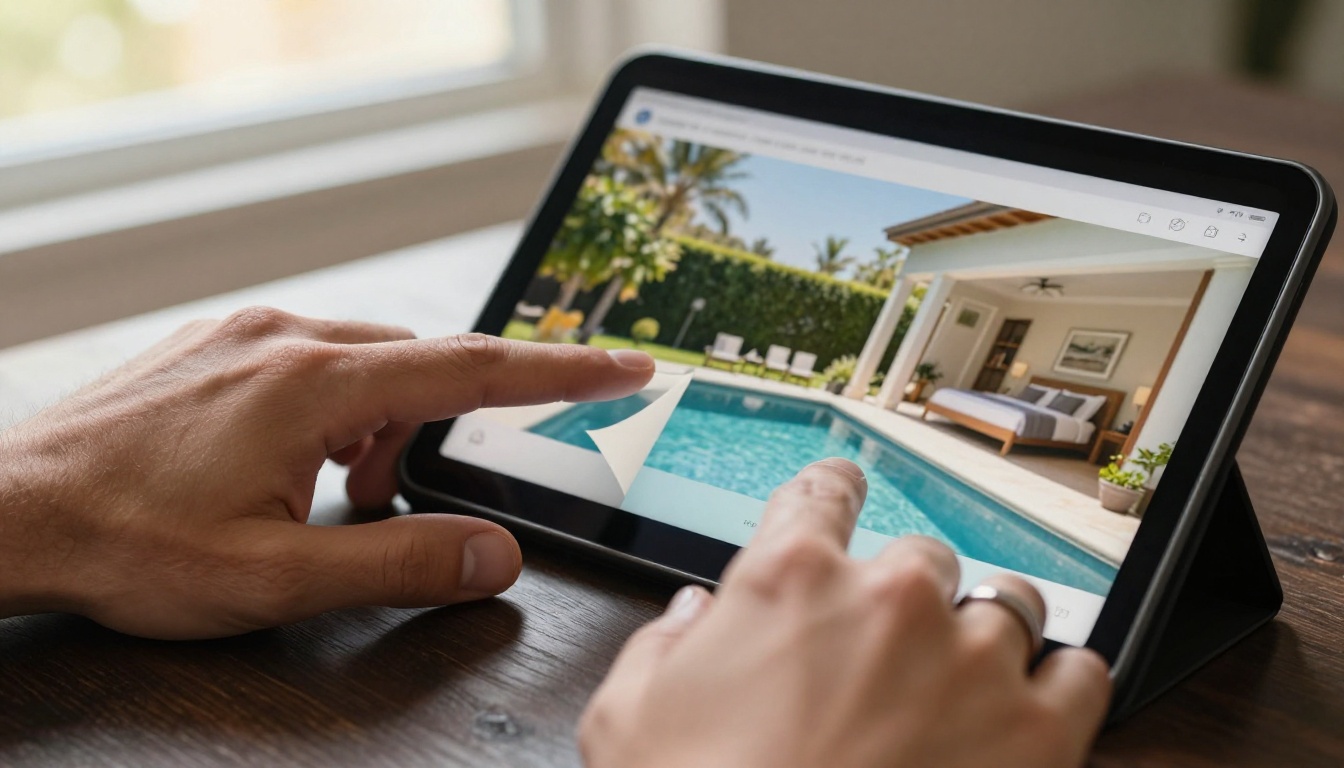 Hands swiping through a digital property listing flipbook on a tablet Hands swiping through a digital property listing flipbook on a tablet