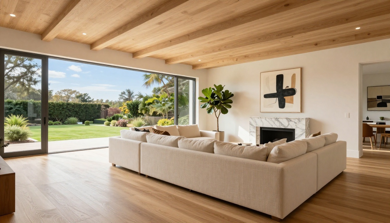 Luxury open-plan living room with coffered ceilings and panoramic garden windows Luxury open-plan living room with coffered ceilings and panoramic garden windows