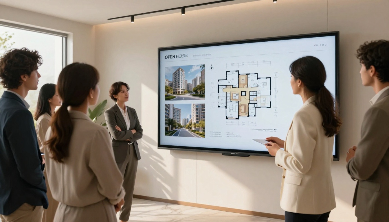 Female real estate agent presenting interactive digital brochure to buyers at an open house Female real estate agent presenting interactive digital brochure to buyers at an open house