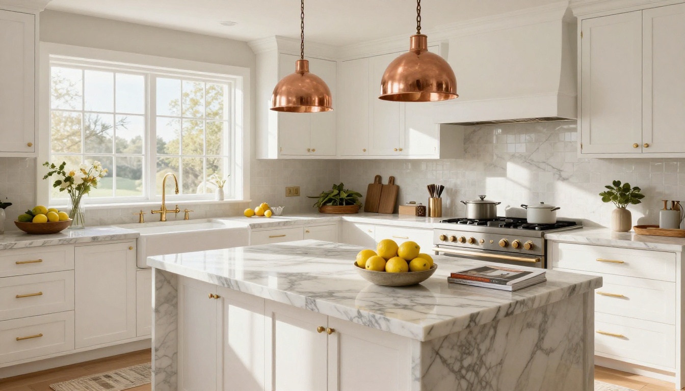 Luxury kitchen staged for sale with marble countertops and natural morning light