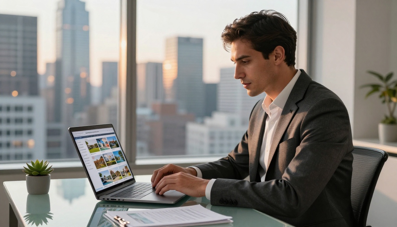 Real estate broker working on laptop with glowing city skyline at dusk