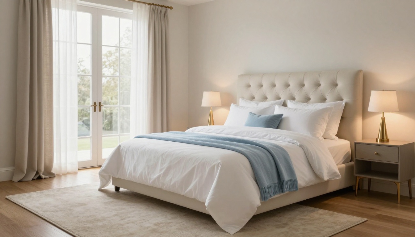 Staged primary bedroom with linen bedding and soft natural morning light