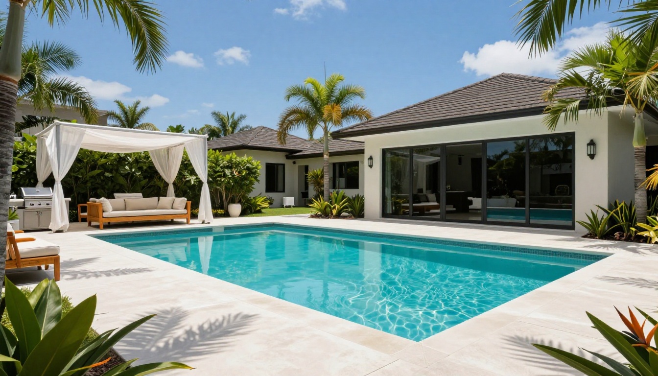 Luxury backyard infinity pool oasis with tropical landscaping and outdoor kitchen