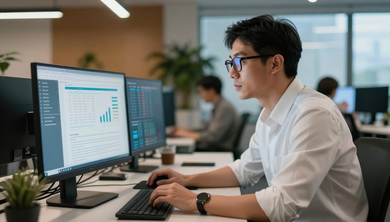Business professional analyzing financial data and charts on screen Business professional analyzing financial data and charts on screen