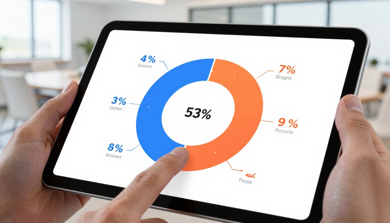 Tablet displaying interactive annual report with vivid infographic data Tablet displaying interactive annual report with vivid infographic data