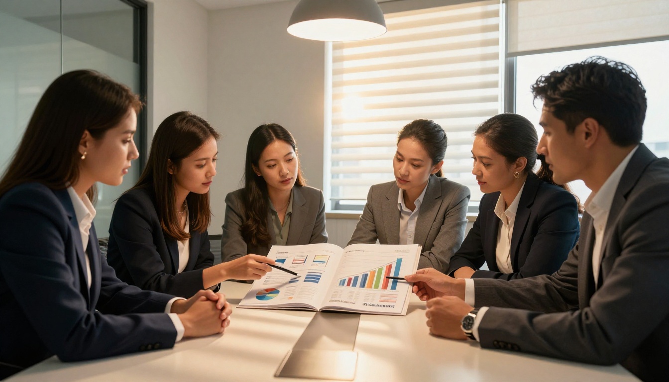 Business team reviewing annual report data together in conference room Business team reviewing annual report data together in conference room
