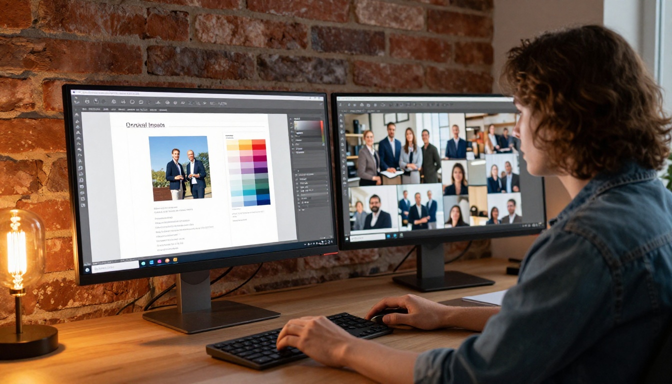 Graphic designer working on annual report layout at dual-monitor workstation Graphic designer working on annual report layout at dual-monitor workstation