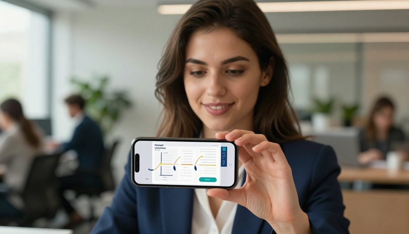 Professional woman reviewing interactive flipbook annual report on smartphone Professional woman reviewing interactive flipbook annual report on smartphone