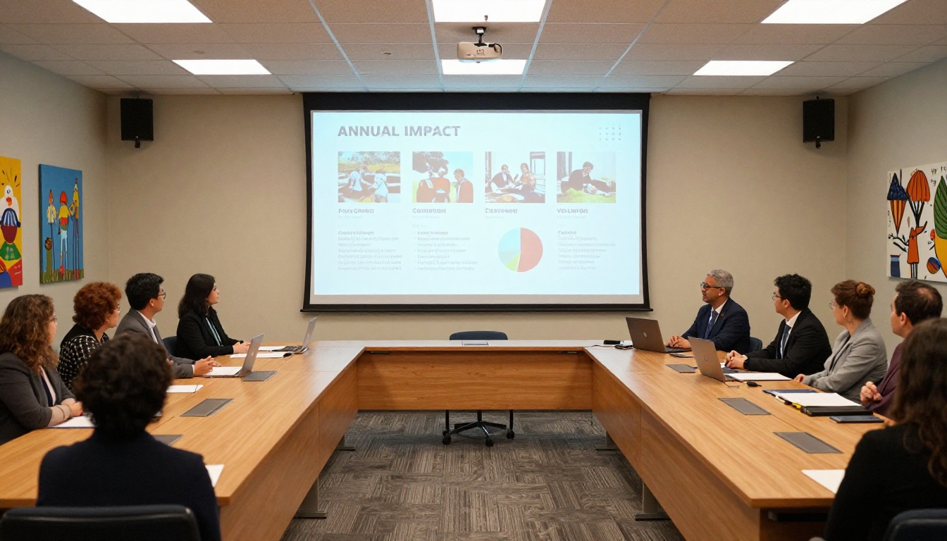 Nonprofit boardroom with annual impact report presentation on screen Nonprofit boardroom with annual impact report presentation on screen