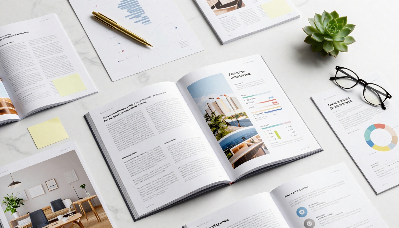 Multiple annual reports laid out for design comparison and review Multiple annual reports laid out for design comparison and review