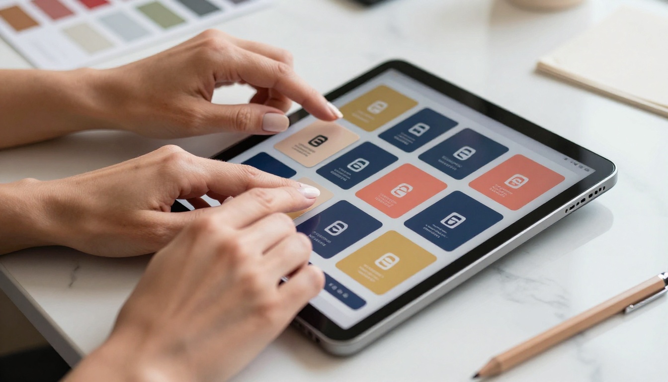 Hands organizing branded digital content cards on a tablet with consistent color palettes