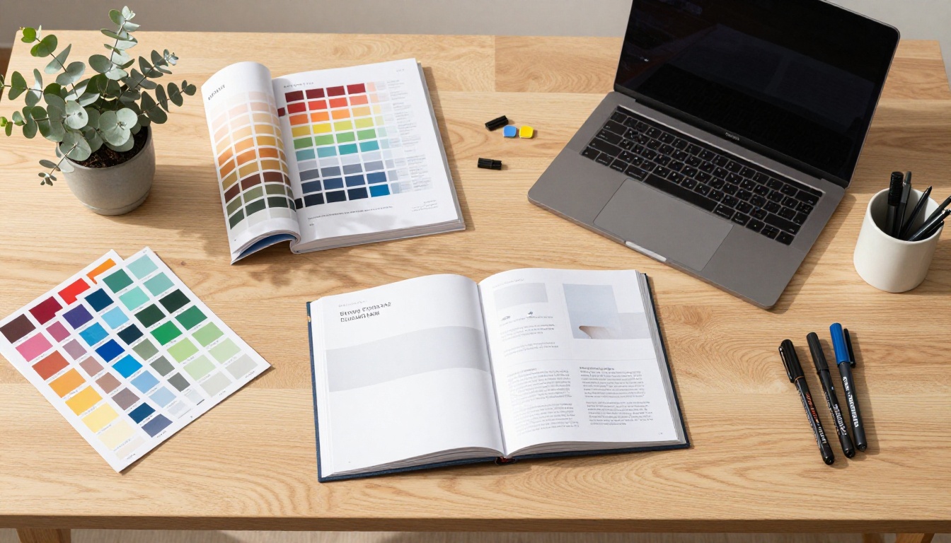 Aerial view of brand identity materials organized on a designer desk with Pantone chips and lookbooks