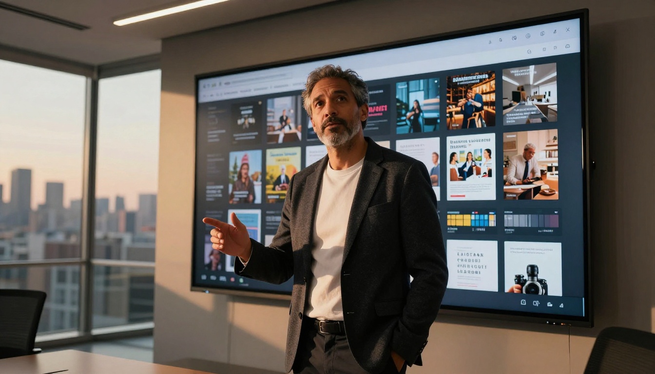 Creative director presenting a digital brand bookshelf on a large wall-mounted display in an agency meeting room