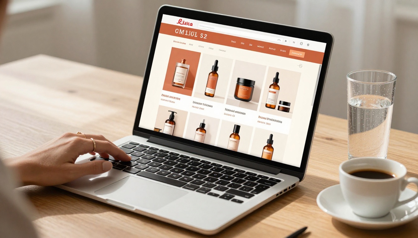 Laptop displaying a branded luxury product catalog with terracotta and cream color palette