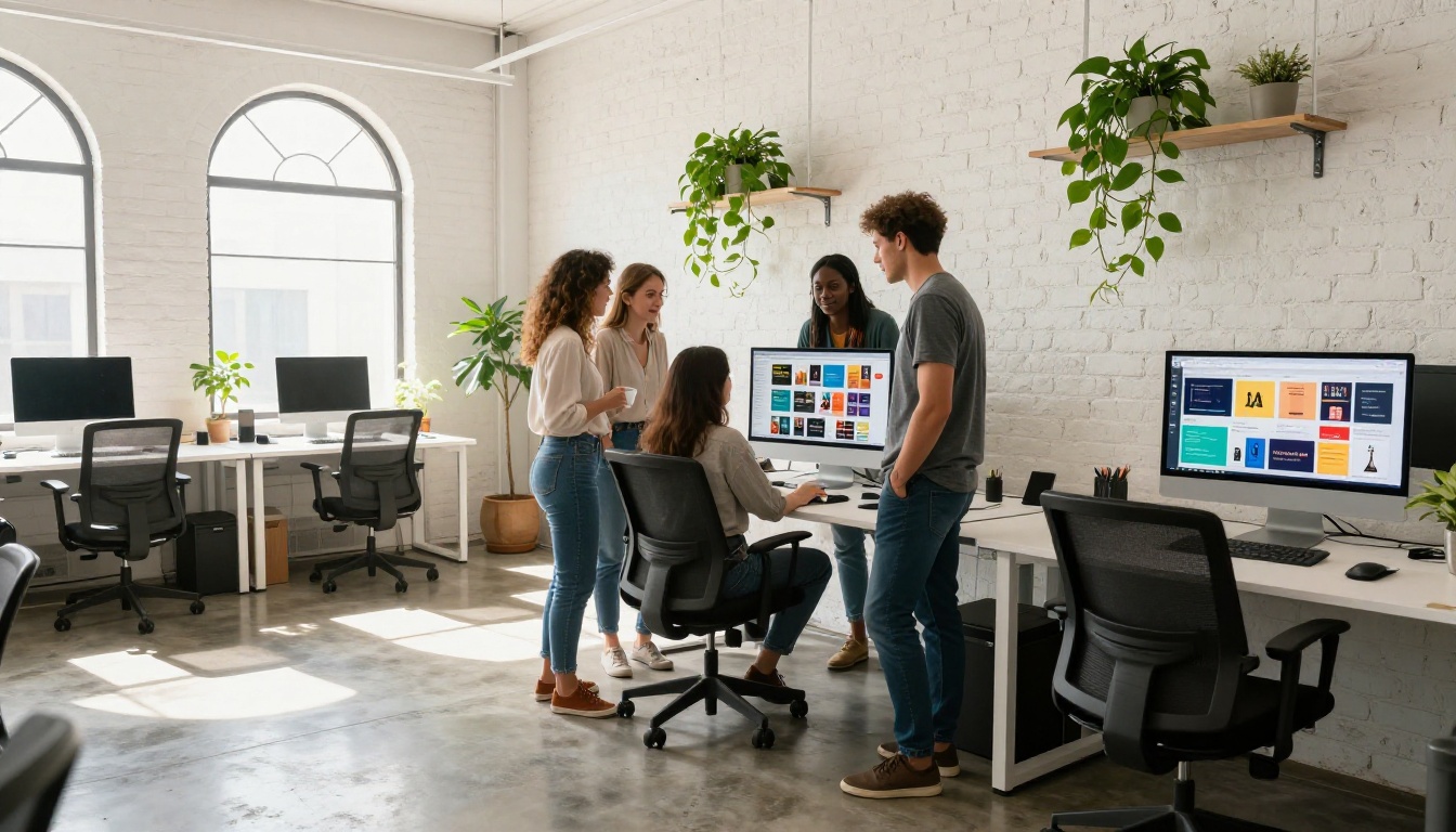 Wide shot of a creative agency office with team reviewing brand digital publications on large monitors