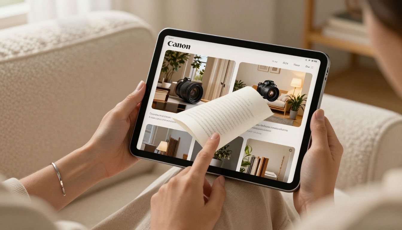 Hands holding an iPad showing a digital ebook with a realistic page-curl effect mid-turn