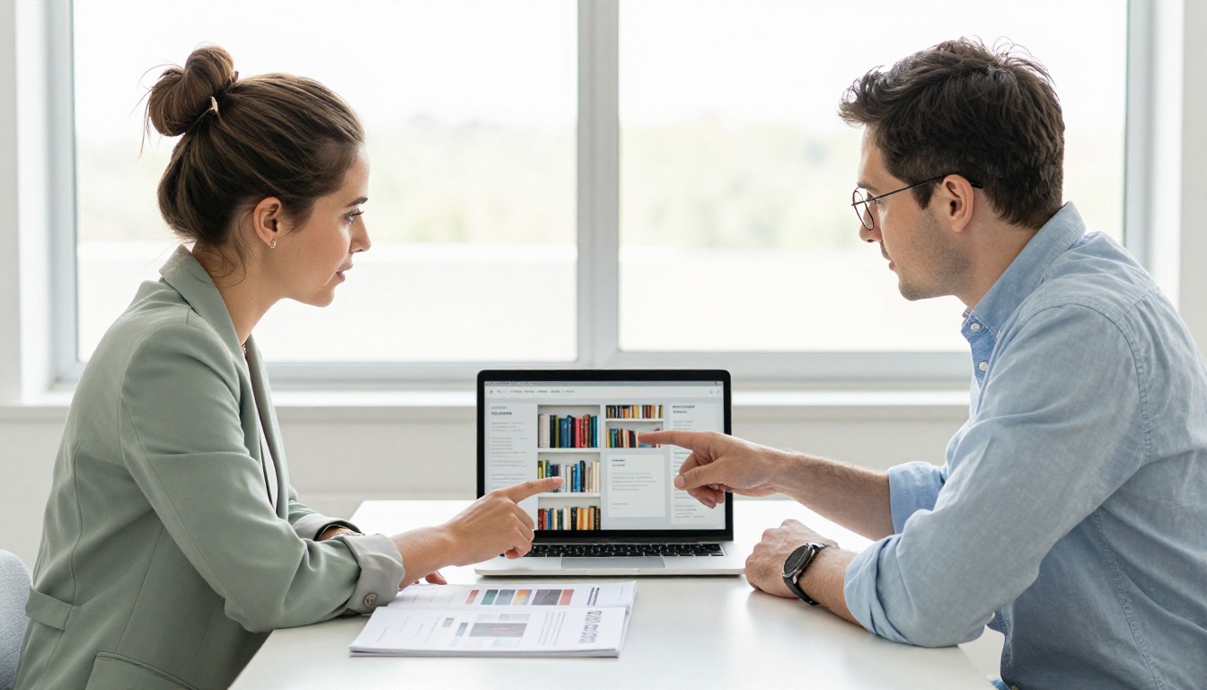 Two professionals collaborating over a digital brand bookshelf on a MacBook in a conference room