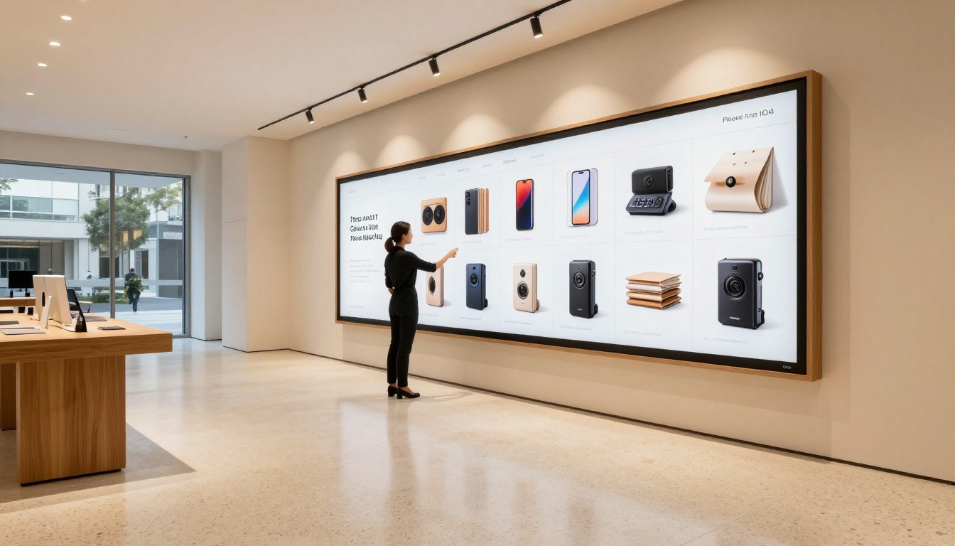 Floor-to-ceiling digital display in a modern retail boutique showing a branded product catalog bookshelf