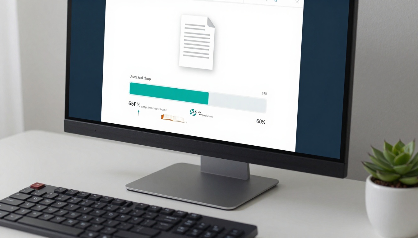 PDF upload interface showing drag-and-drop conversion with progress bar and flipbook page previews