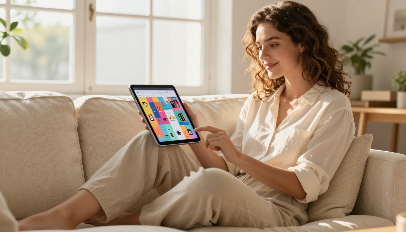 Woman engaged with digital flipbook on tablet in apartment Woman engaged with digital flipbook on tablet in apartment