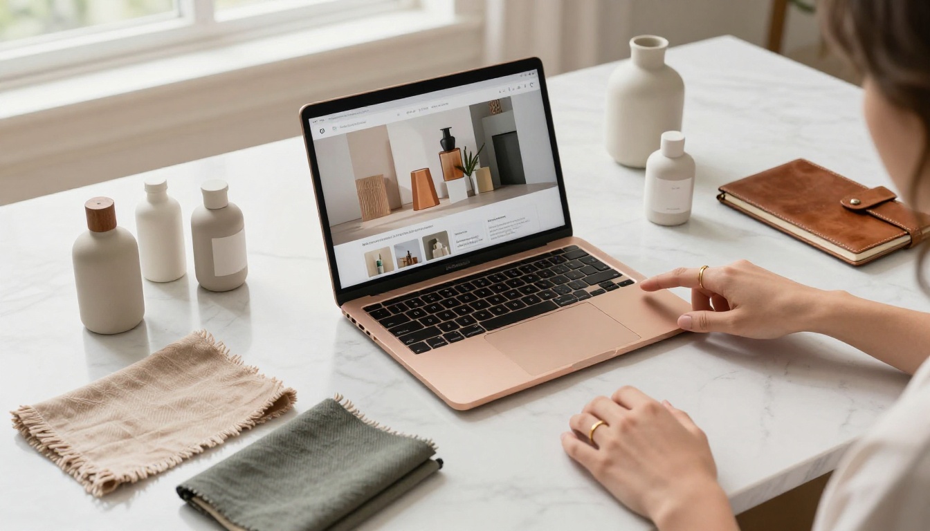 Flat-lay product catalog on laptop with product samples Flat-lay product catalog on laptop with product samples