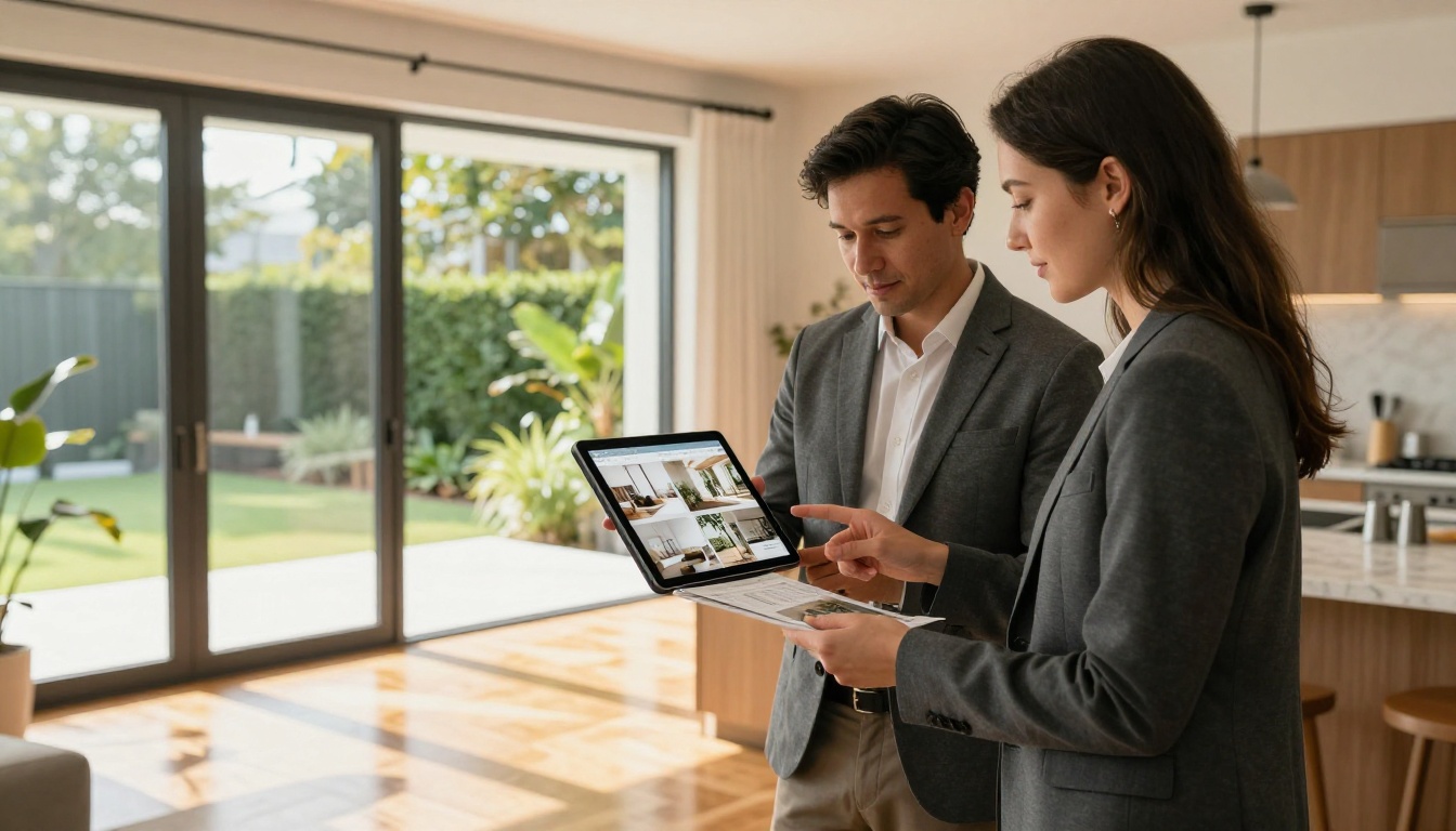Real estate agent showing digital brochure to clients Real estate agent showing digital brochure to clients