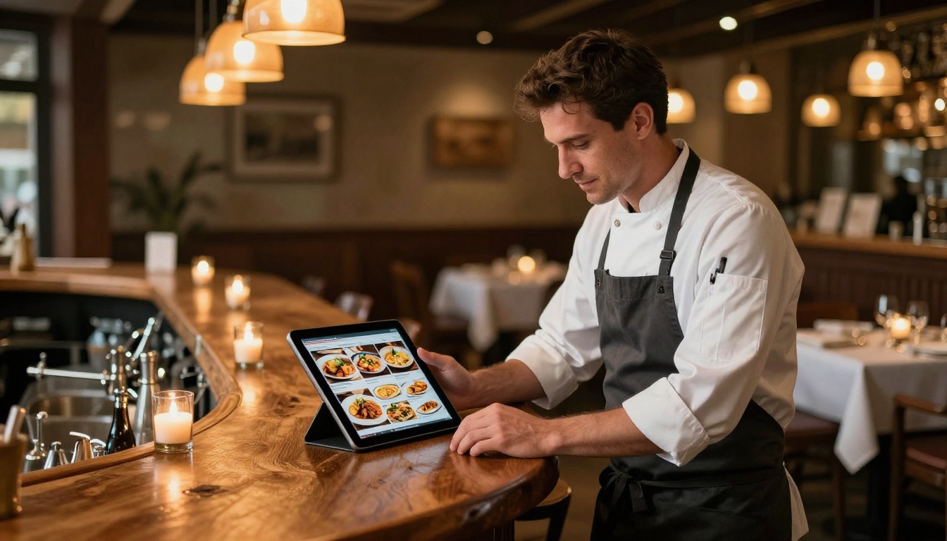 Restaurant owner showing digital menu flipbook on iPad Restaurant owner showing digital menu flipbook on iPad