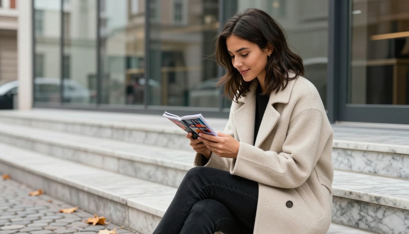 Stylish woman reading flipbook on smartphone outdoors Stylish woman reading flipbook on smartphone outdoors