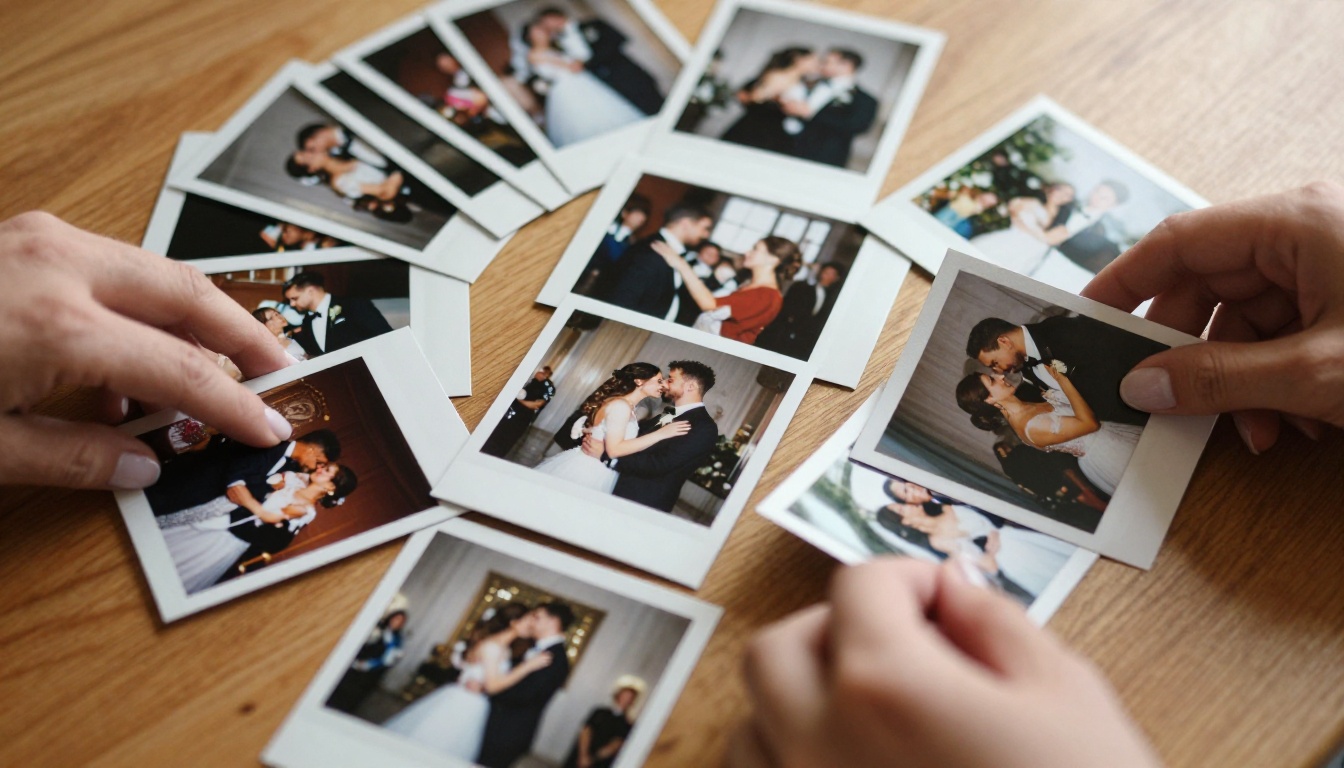 Wedding photographs being sorted and arranged on a warm oak table