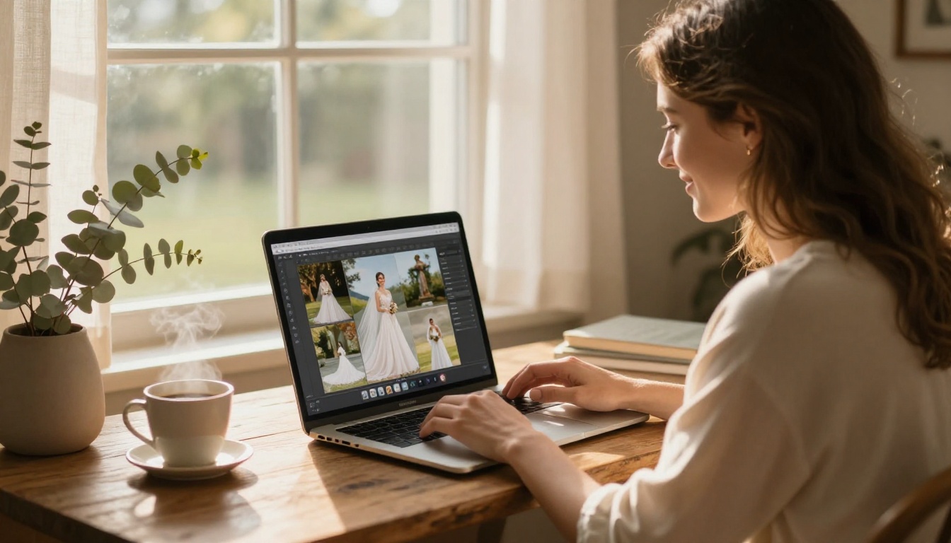 Woman smiling at digital flipbook interface on her laptop