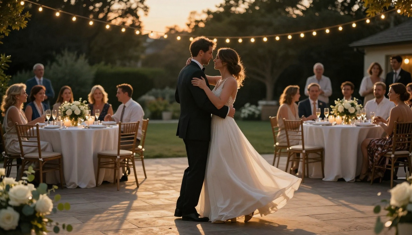 Bride and groom sharing their first dance at a candlelit outdoor reception