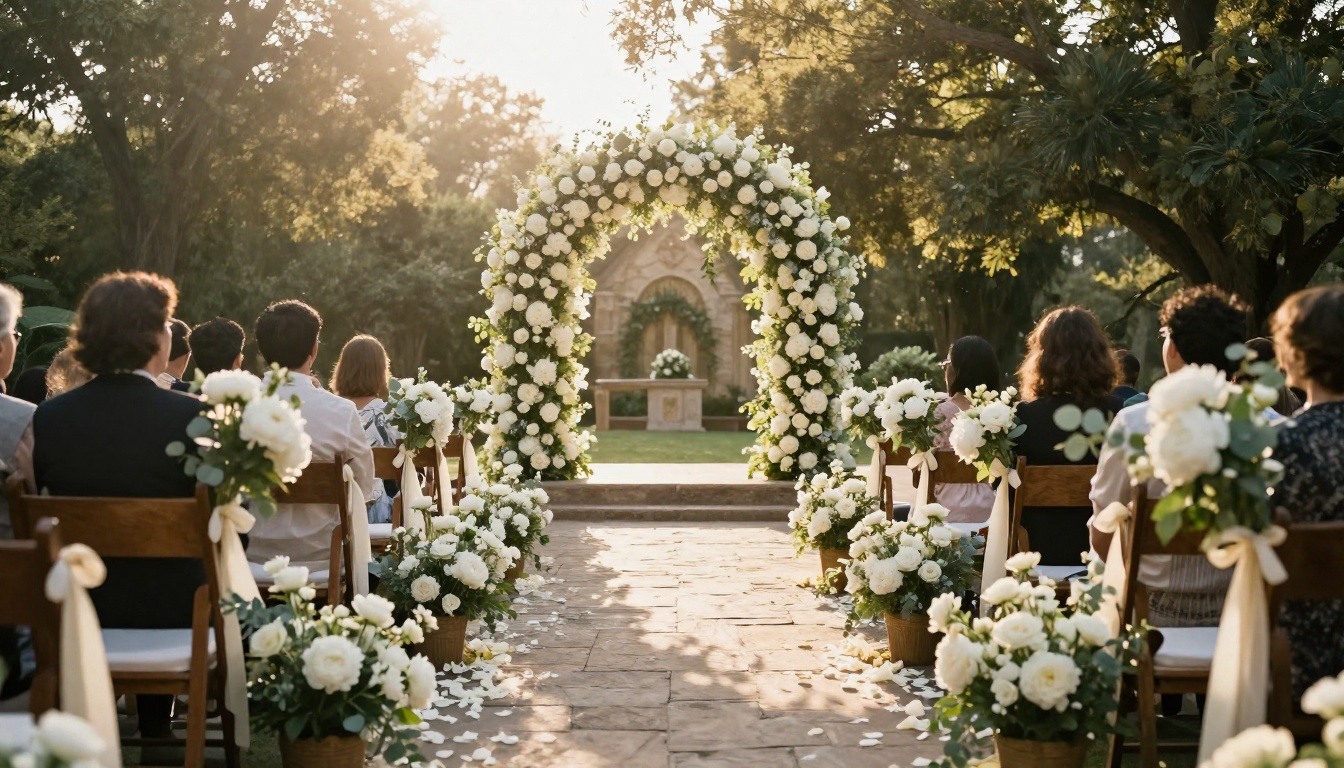 Wedding ceremony aisle looking toward a floral archway at the altar