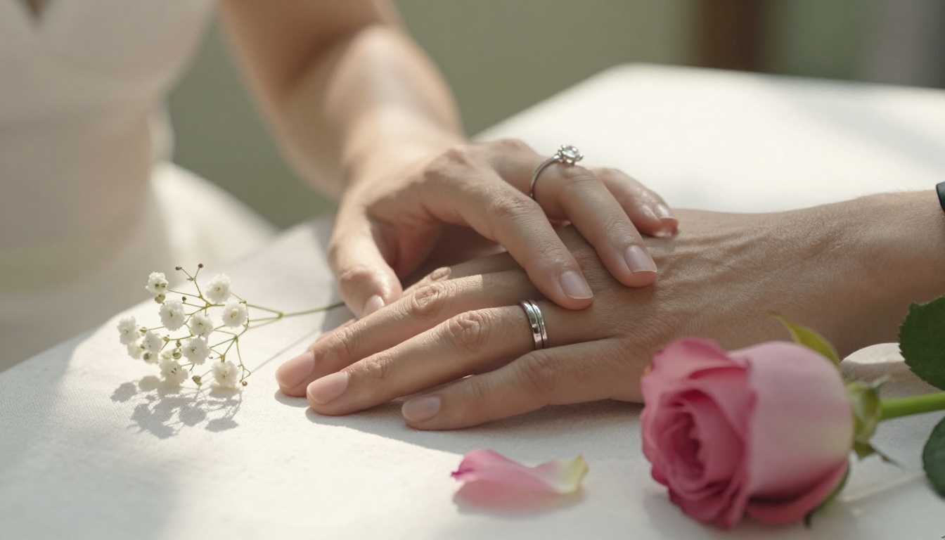 Close-up of bride and groom hands with wedding rings resting on white linen