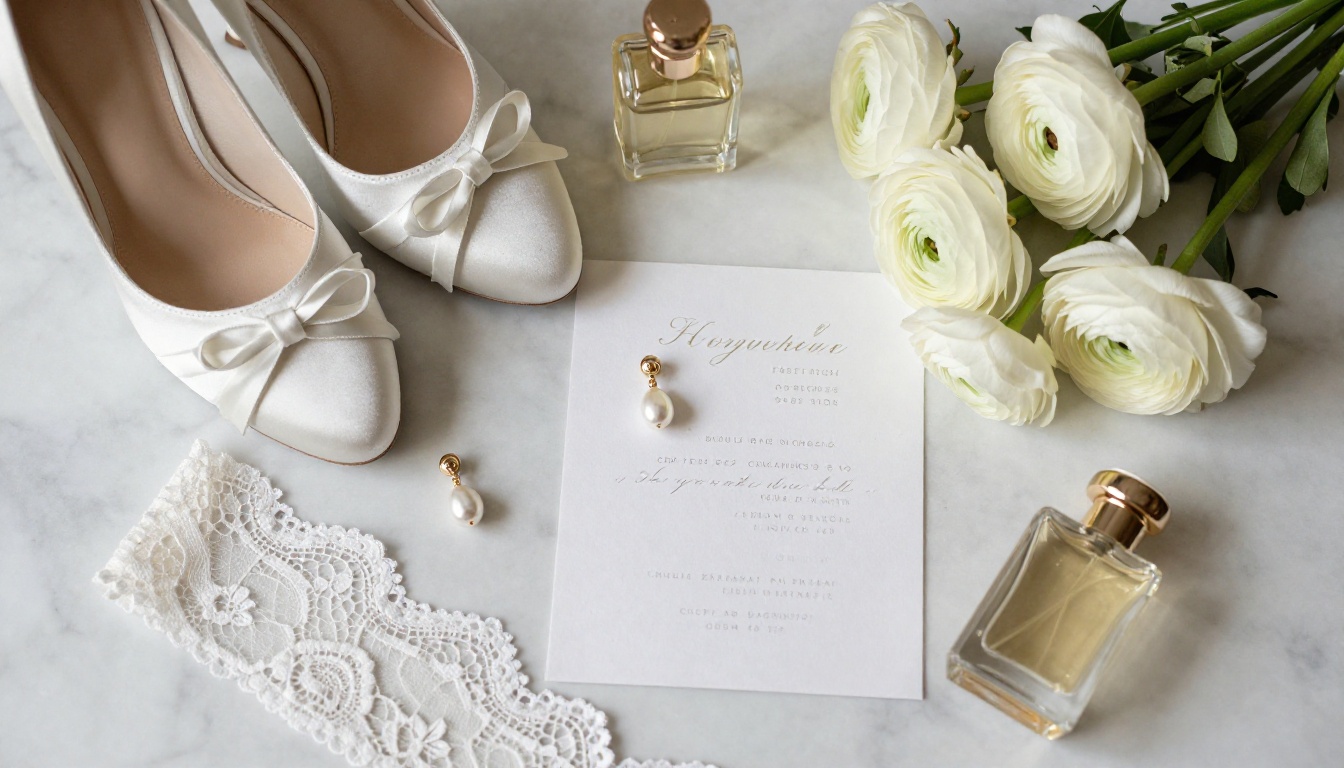 Wedding day detail items arranged as a flat-lay on aged white marble