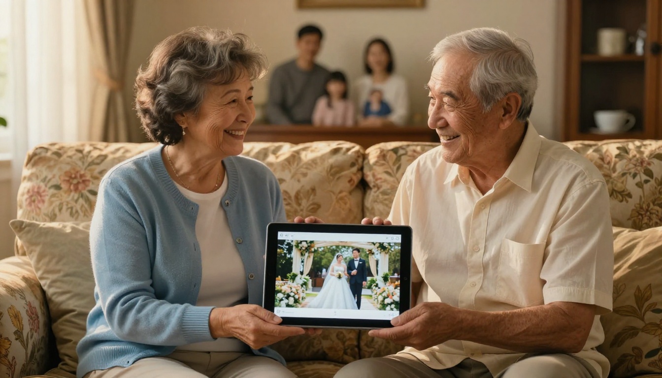 Grandparents sitting together joyfully viewing a wedding flipbook on an iPad