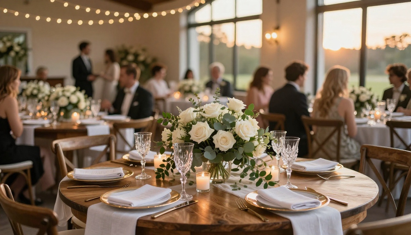 Beautifully set wedding reception table in golden afternoon light
