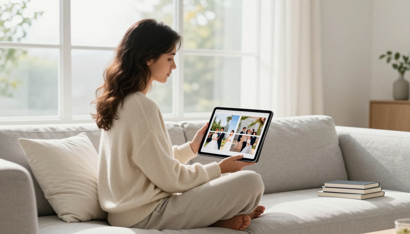 Young woman relaxing on a couch, viewing a wedding flipbook on her tablet