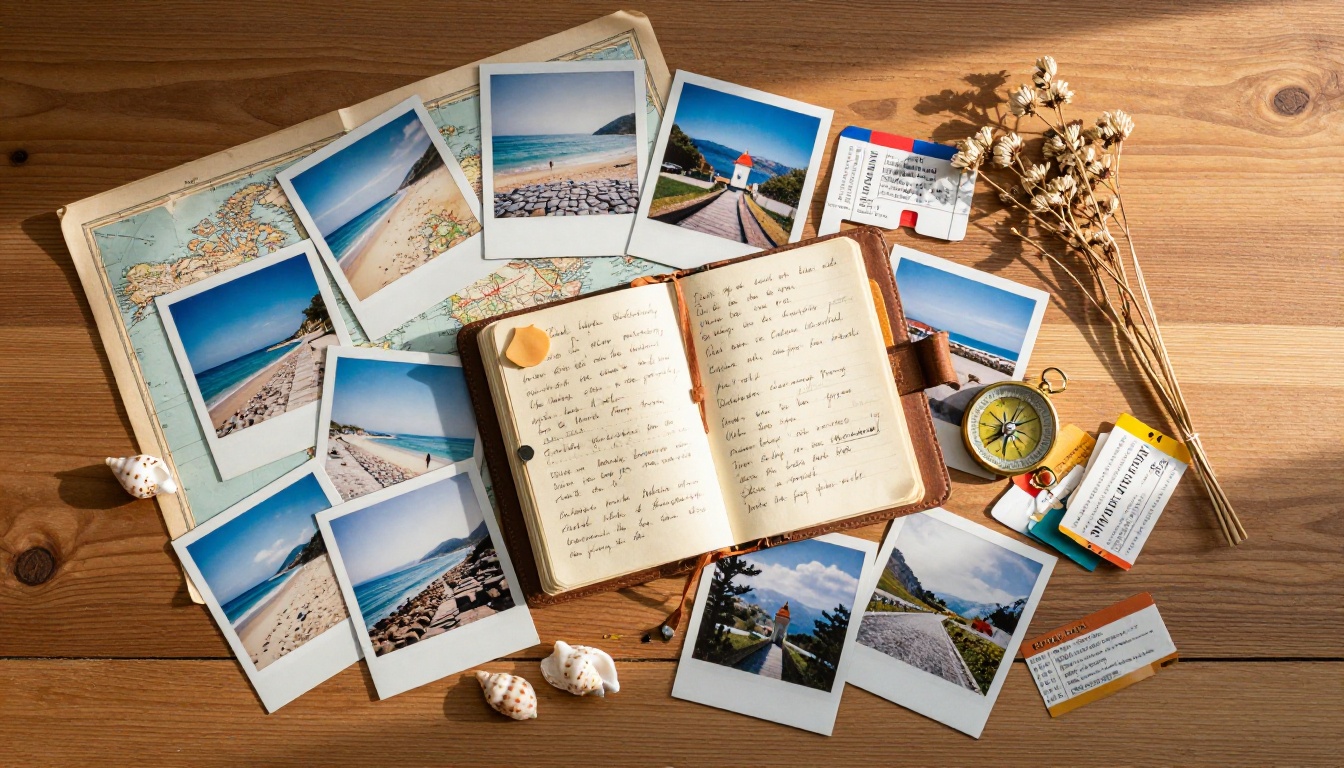 Travel photos flat-lay on rustic desk with polaroids and vintage journal