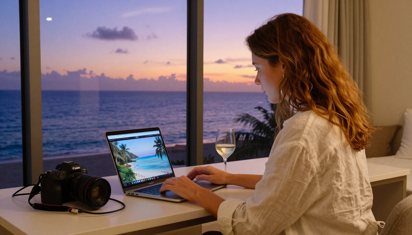 Woman uploading travel photos on laptop at hotel with tropical ocean view at dusk