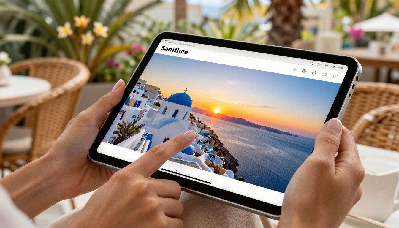 Hands holding iPad displaying digital travel lookbook with vivid Santorini destination photos