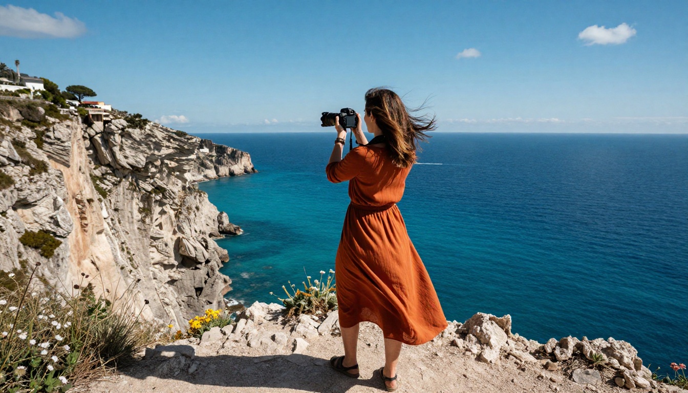 Woman travel creator at dramatic Amalfi Coast cliff edge with DSLR camera