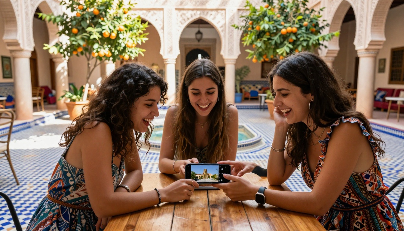 Three friends sharing a travel lookbook on a phone in a Moroccan riad courtyard