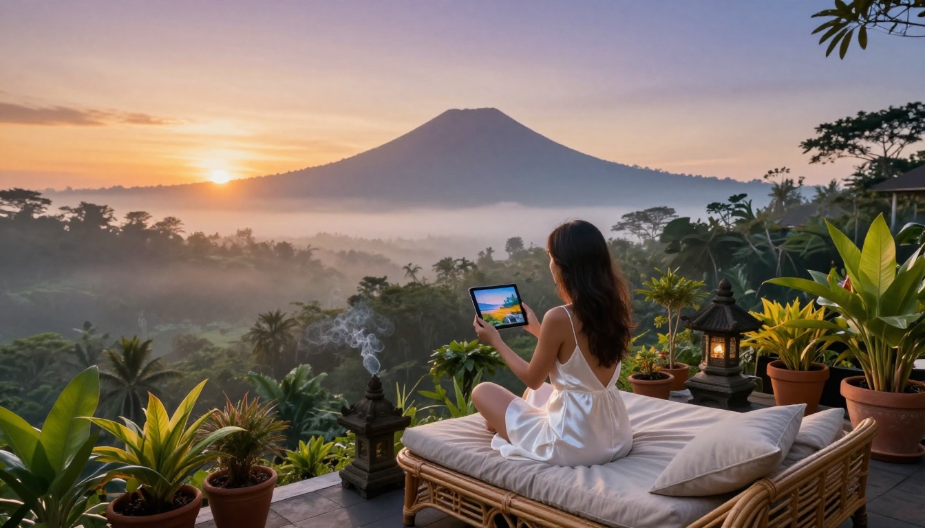 Young woman on Bali rooftop terrace at sunrise holding tablet with travel photos